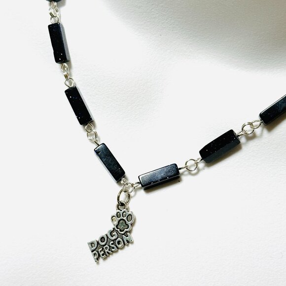 Dark Blue Goldstone Short Necklace w/ Silver Dog Person Paw Print Charm - Picture 1 of 14
